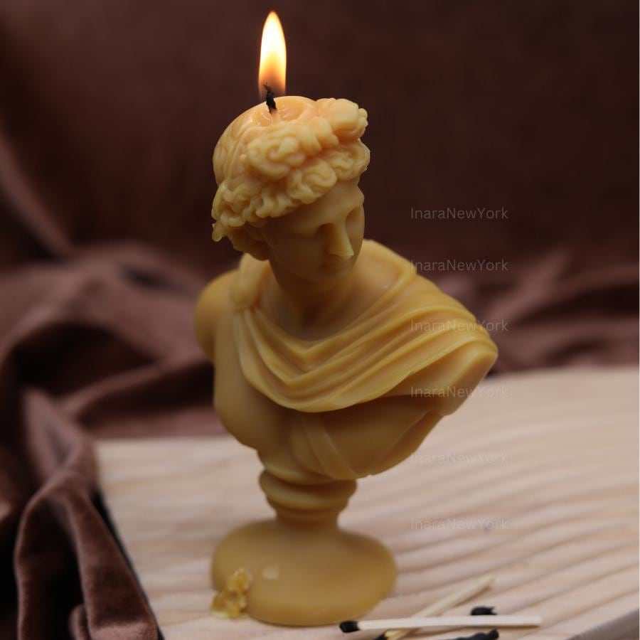 Artemis Bust Candle – Handmade Soy Wax Sculpture, Greek God apollo candle, antique Decor, male man home decor
