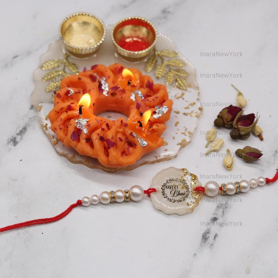 Raksha Bandhan Gift Set with Resin Tray, Candles & Rakhi — Handmade Resin Gold Flake Tray, Festive Rakhi Thali, Brother Sister Gift