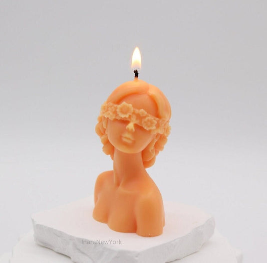 lady with closed eyes, aesthetic home décor, blindfolded lady candle, housewarming gift, European character blindfolded women, girl, lady candle, women body candle, bust candle,