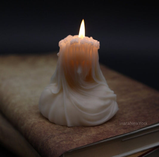 Virgin Veiled Lady Candle – Handmade Small Soy Wax Bust, Mystical Feminine Sculpture, Elegant Home Decor Accent, Gift for Her, Halloween