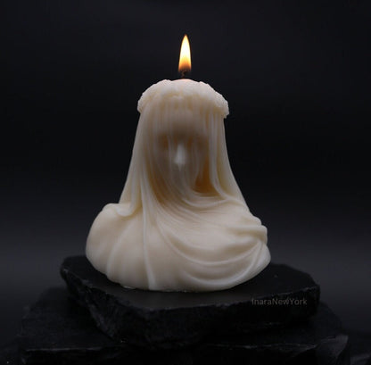 Virgin Veiled Lady Candle – Handmade Small Soy Wax Bust, Mystical Feminine Sculpture, Elegant Home Decor Accent, Gift for Her, Halloween