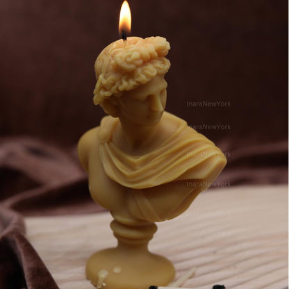 Artemis Bust Candle – Handmade Soy Wax Sculpture, Greek God apollo candle, antique Decor, male man home decor
