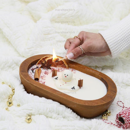 10 inch Christmas Candle - Soy Wax doughbowl Snowman, Spiced Scent, fraser fir