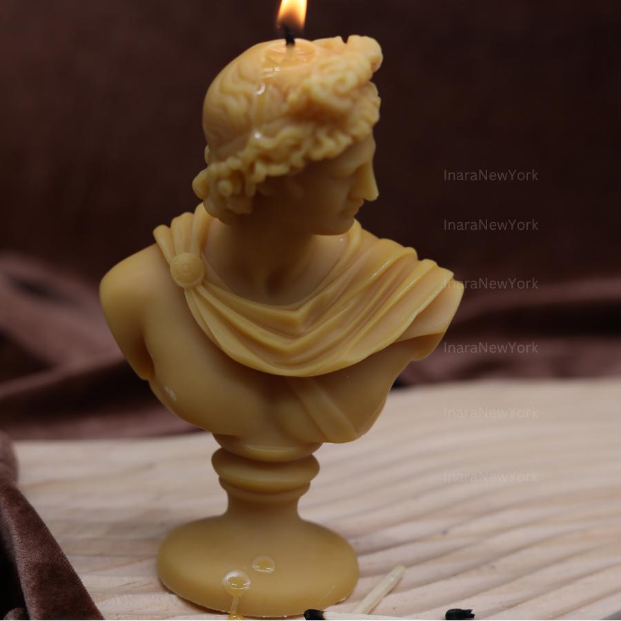 Artemis Bust Candle – Handmade Soy Wax Sculpture, Greek God apollo candle, antique Decor, male man home decor