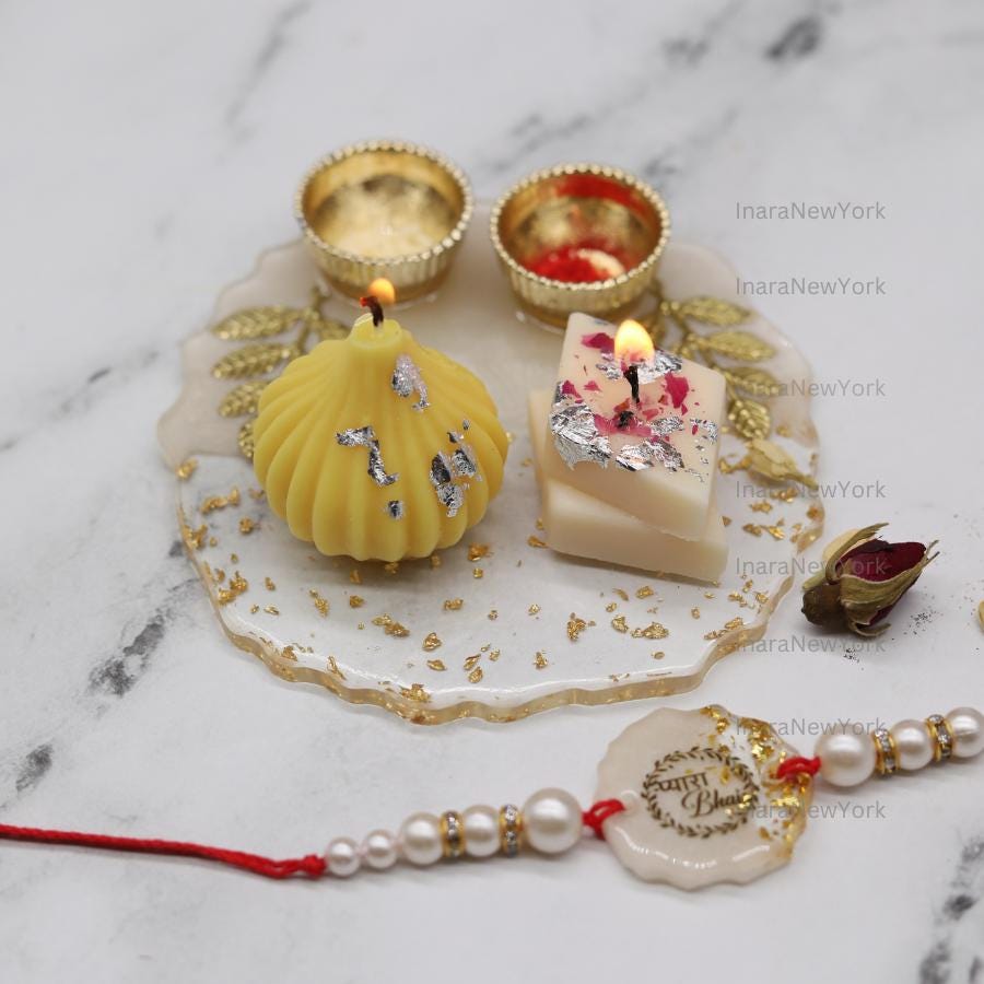 Raksha Bandhan Gift Set with Resin Tray, Candles & Rakhi — Handmade Resin Gold Flake Tray, Festive Rakhi Thali, Brother Sister Gift