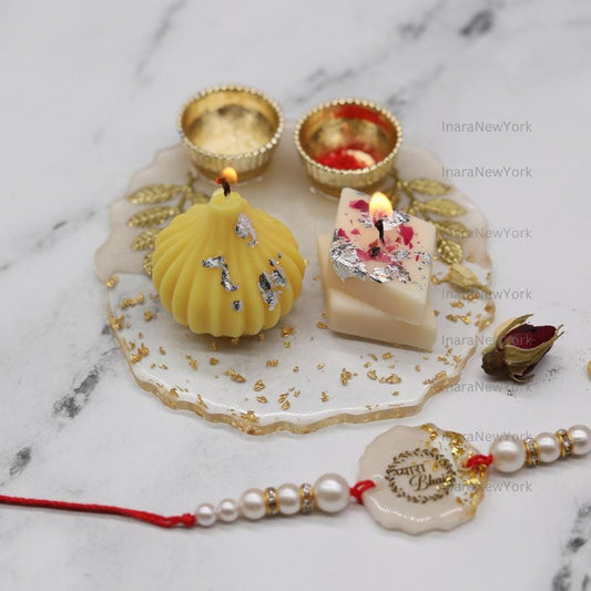 Raksha Bandhan Gift Set with Resin Tray, Candles & Rakhi — Handmade Resin Gold Flake Tray, Festive Rakhi Thali, Brother Sister Gift