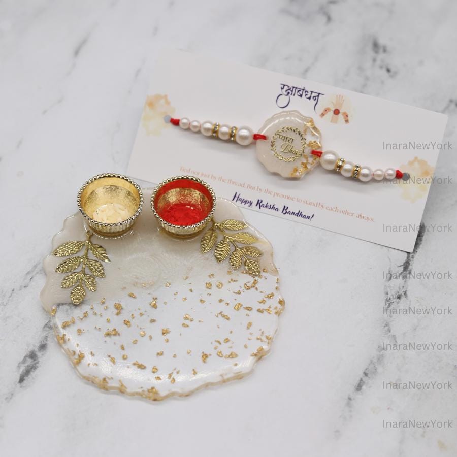 Raksha Bandhan Gift Set with Resin Tray, Candles & Rakhi — Handmade Resin Gold Flake Tray, Festive Rakhi Thali, Brother Sister Gift