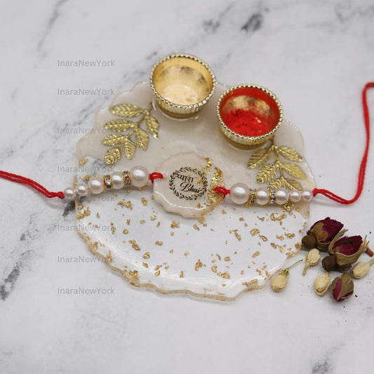 Raksha Bandhan Gift Set with Resin Tray, Candles & Rakhi — Handmade Resin Gold Flake Tray, Festive Rakhi Thali, Brother Sister Gift