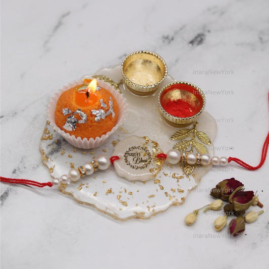 Raksha Bandhan Gift Set with Resin Tray, Candles & Rakhi — Handmade Resin Gold Flake Tray, Festive Rakhi Thali, Brother Sister Gift