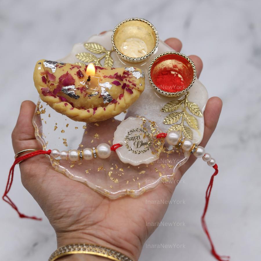 Raksha Bandhan Gift Set with Resin Tray, Candles & Rakhi — Handmade Resin Gold Flake Tray, Festive Rakhi Thali, Brother Sister Gift