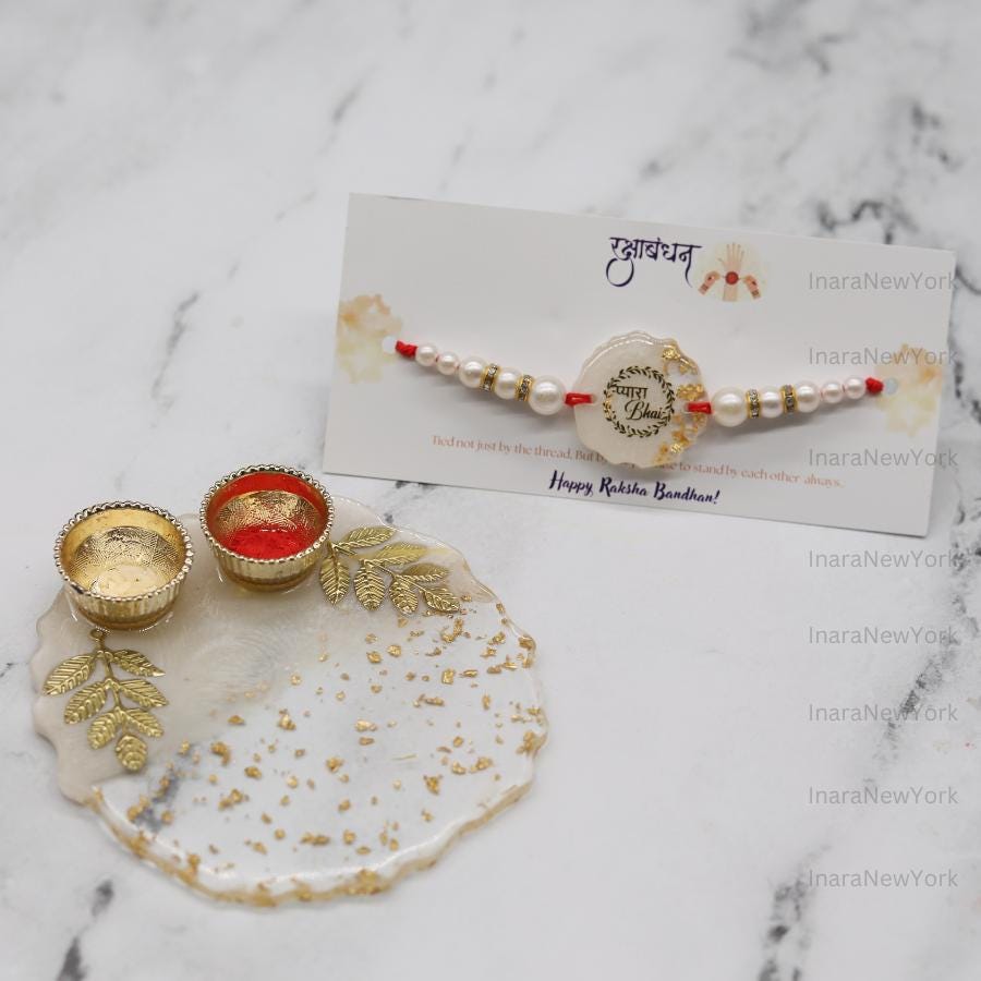 Raksha Bandhan Gift Set with Resin Tray, Candles & Rakhi — Handmade Resin Gold Flake Tray, Festive Rakhi Thali, Brother Sister Gift