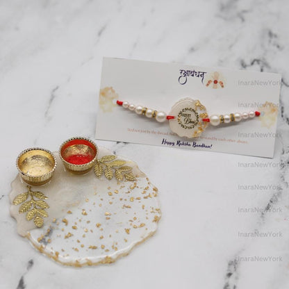 Raksha Bandhan Gift Set with Resin Tray, Candles & Rakhi — Handmade Resin Gold Flake Tray, Festive Rakhi Thali, Brother Sister Gift