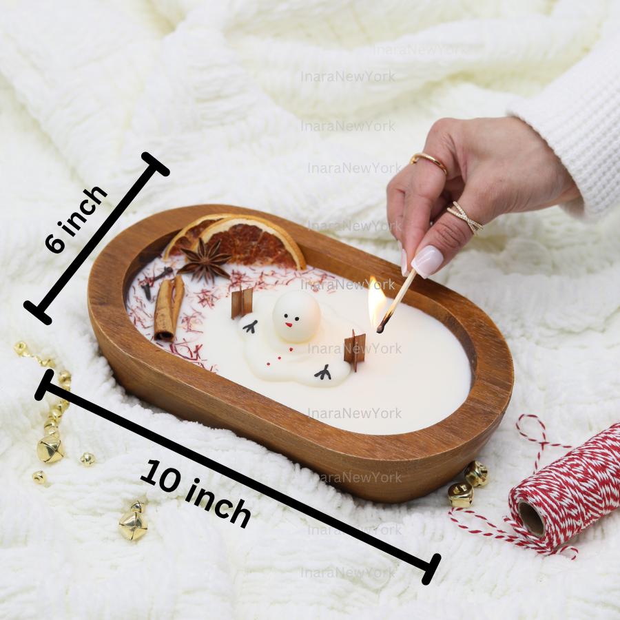 10 inch Christmas Candle - Soy Wax doughbowl Snowman, Spiced Scent, fraser fir