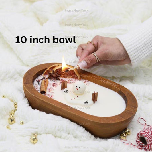 10 inch Christmas Candle - Soy Wax doughbowl Snowman, Spiced Scent, fraser fir