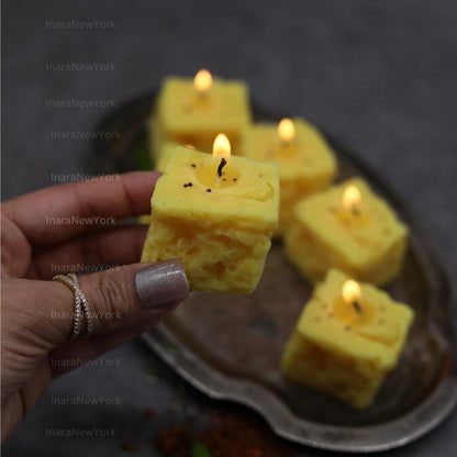 Dhokla Soy Wax Candle Set - Diwali Decor, Indian Mithai - Handmade in USA