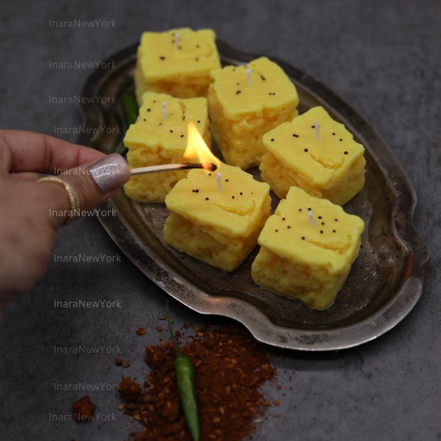 Dhokla Soy Wax Candle Set - Diwali Decor, Indian Mithai - Handmade in USA