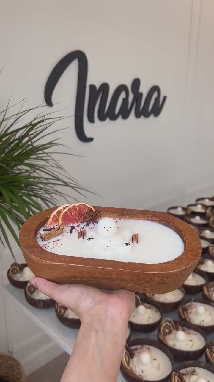 10 inch Christmas Candle - Soy Wax doughbowl Snowman, Spiced Scent, fraser fir