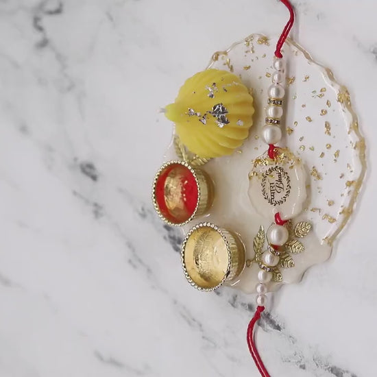 Raksha Bandhan Gift Set with Resin Tray, Candles & Rakhi — Handmade Resin Gold Flake Tray, Festive Rakhi Thali, Brother Sister Gift
