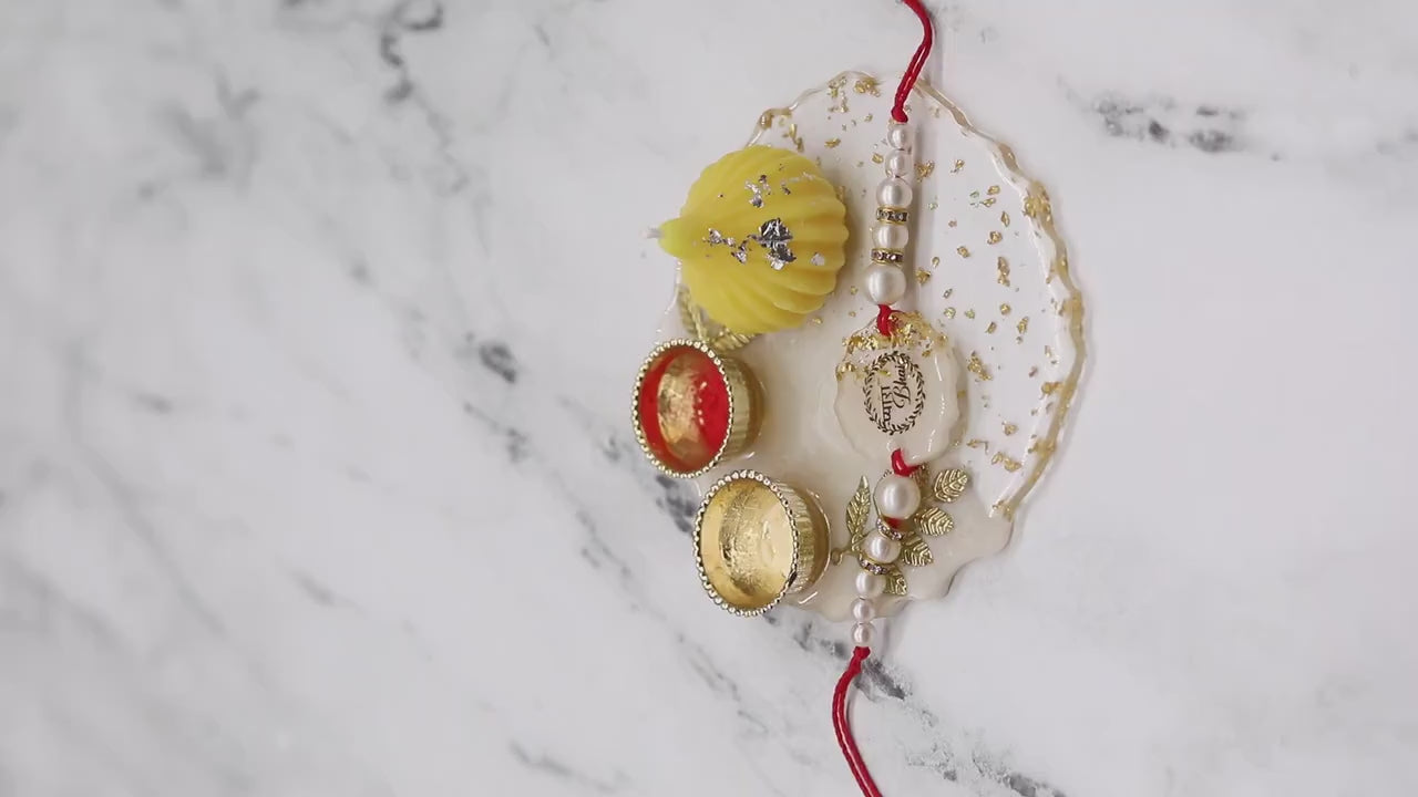 Raksha Bandhan Gift Set with Resin Tray, Candles & Rakhi — Handmade Resin Gold Flake Tray, Festive Rakhi Thali, Brother Sister Gift